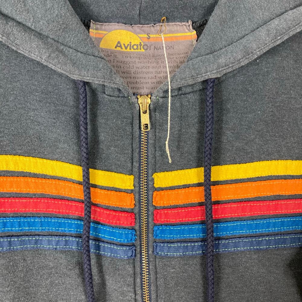 Nwot AVIATOR NATION Hoodie Sweater S Grey Rainbow-Stripe Zip Long-Slv Pocket - Picture 7 of 12